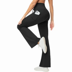 Women's High Waisted Drawstring Flare Leggings Workout Soft Stetchy Bell Bottom Yoga Pants with Pockets